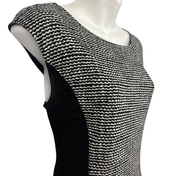 Ann Taylor Loft Womens Black Ivory Print Sheath Pleated Neck Knit Dress sz M - Picture 4 of 16